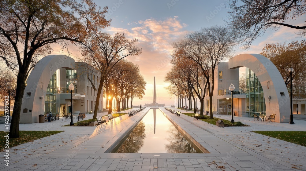 Captivating symmetrical architecture set amidst a serene natural landscape with a tranquil reflection pool mirroring the striking modern buildings and the warm glowing sunset sky Captivating symmetrical architecture set amidst a serene natural landscape with a tranquil reflection pool mirroring the striking modern buildings and the warm glowing sunset sky