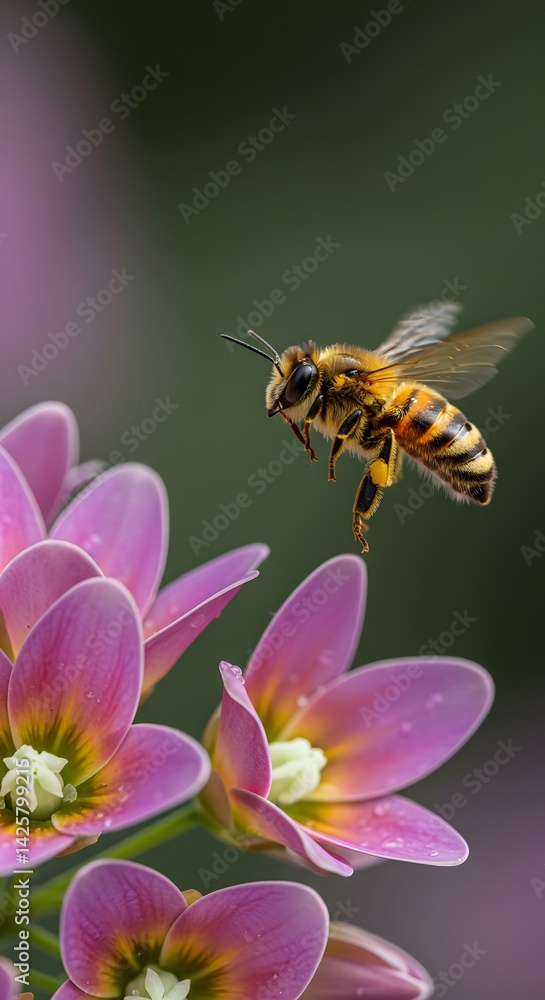 Honeybee in flight approaches a vibrant purple flower in spring Honeybee in flight approaches a vibrant purple flower in spring