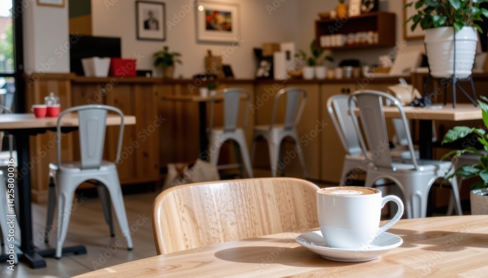 Cozy café interior with a focus on coffee cup. Cozy café interior with a focus on coffee cup.