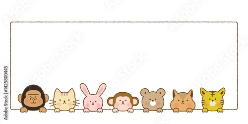 手書き風　中から顔を出すかわいい動物フレーム