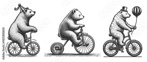 bears riding bicycles, wearing party hats and holding balloons, evoking a circus or carnival theme Set collection bundle sketch engraving generative ai vector illustration. Black and white image.