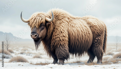 A gentle watercolor musk ox with thick, fluffy fur and snow-dusted horns, standing in a tundra landscape.

