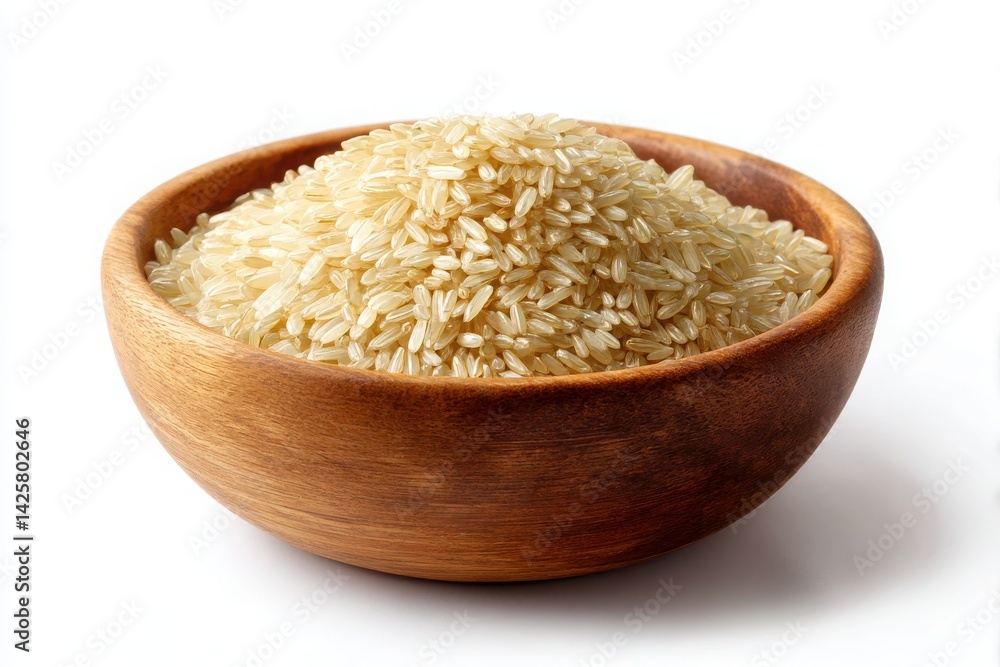 A bowl of uncooked brown rice in a wooden bowl isolated on white background perfect for healthy food and grain concepts A bowl of uncooked brown rice in a wooden bowl isolated on white background perfect for healthy food and grain concepts