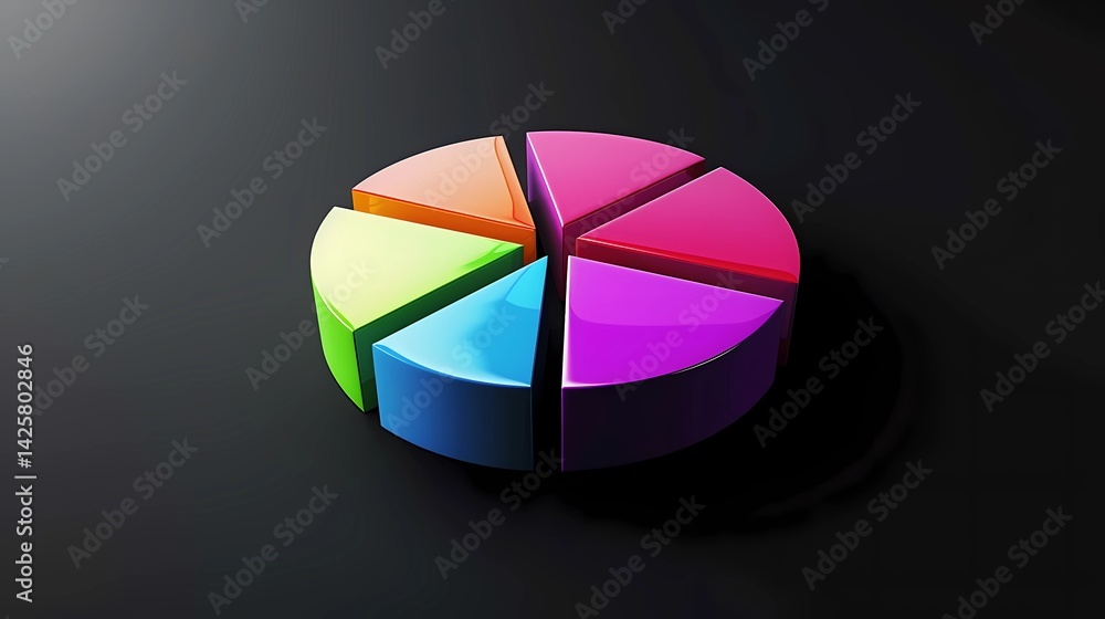Fototapeta premium A pie chart set against a solid black background, chart or graph should be detailed and visually striking, with vibrant colors to differentiate the segments or bars, Generative AI illustrations.