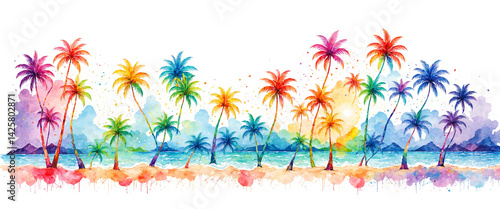 colorful watercolor palm tr...