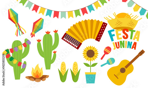 
Traditional Brazilian music festival Festa Junina. Vector Illustration. Symbols of flags and paper lanterns, accordion, bonfire, guitar, corn, hat, maracas.