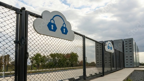 Cloud storage facility secured with padlock symbols on a fenced perimeter.