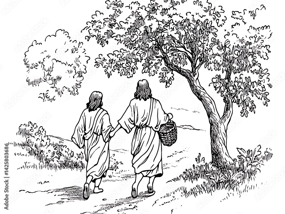 Obraz premium Two figures walk path, trees, landscape