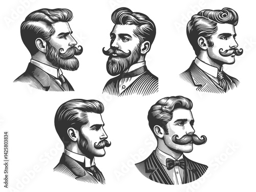 male portraits Set collection well-groomed mustaches, beards, classic hats in engraving style art bundle sketch engraving generative ai vector illustration. Scratch board. Black and white image.