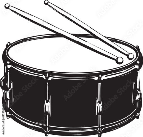 Snare Drum and Two Drumsticks Percussion Instrument Vector Illustration on Transparent Background