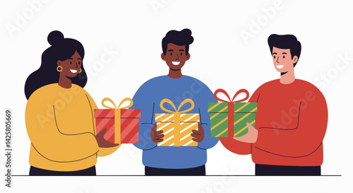 Friends exchanging gifts happily against a minimalist background  