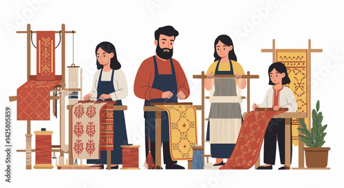 Group of artisans weaving colorful fabrics in a workshop  