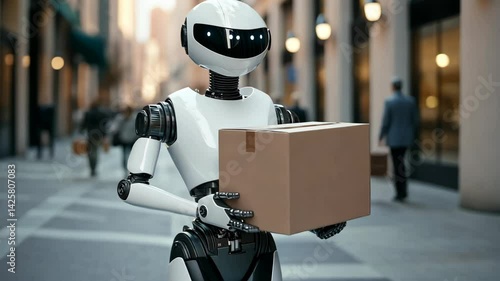 Futuristic robot delivers package in a busy city street.  AI powered delivery drone carrying cardboard box animated in motion. Automated shipping and logistics future concept 3d animation.