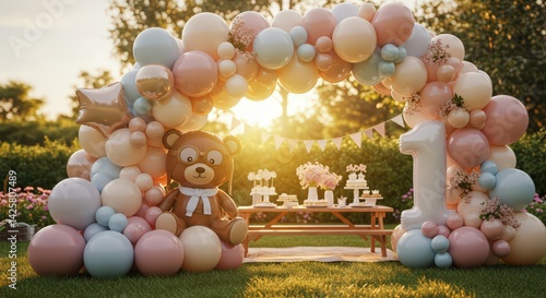 First Birthday Party: Pastel Balloon Arch, Teddy Bear, and Sweet Treats in a Sunny Garden