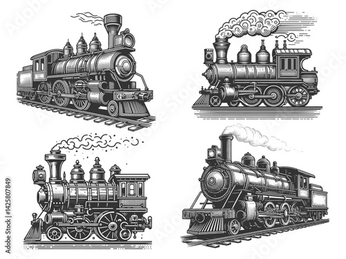Steam locomotive train set collection bundle transportation history, railways, travel posters, sketch engraving generative ai vector illustration. Scratch board imitation. Black and white image.