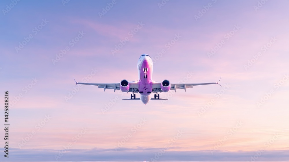 Passenger jet ascending into a pastel sky Passenger jet ascending into a pastel sky