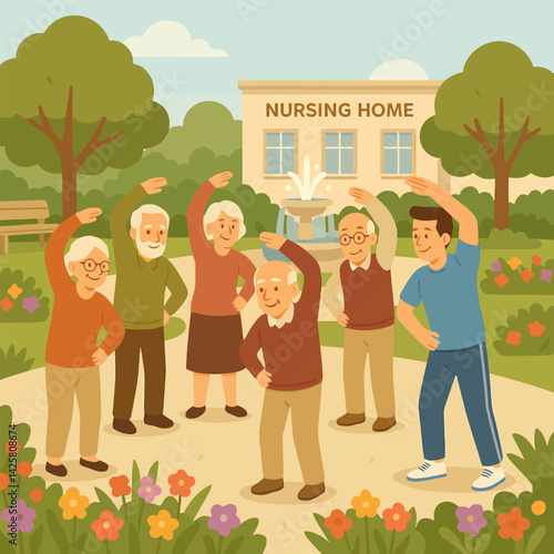 Seniors Exercising with Instructor Outdoors at Residence Park Garden