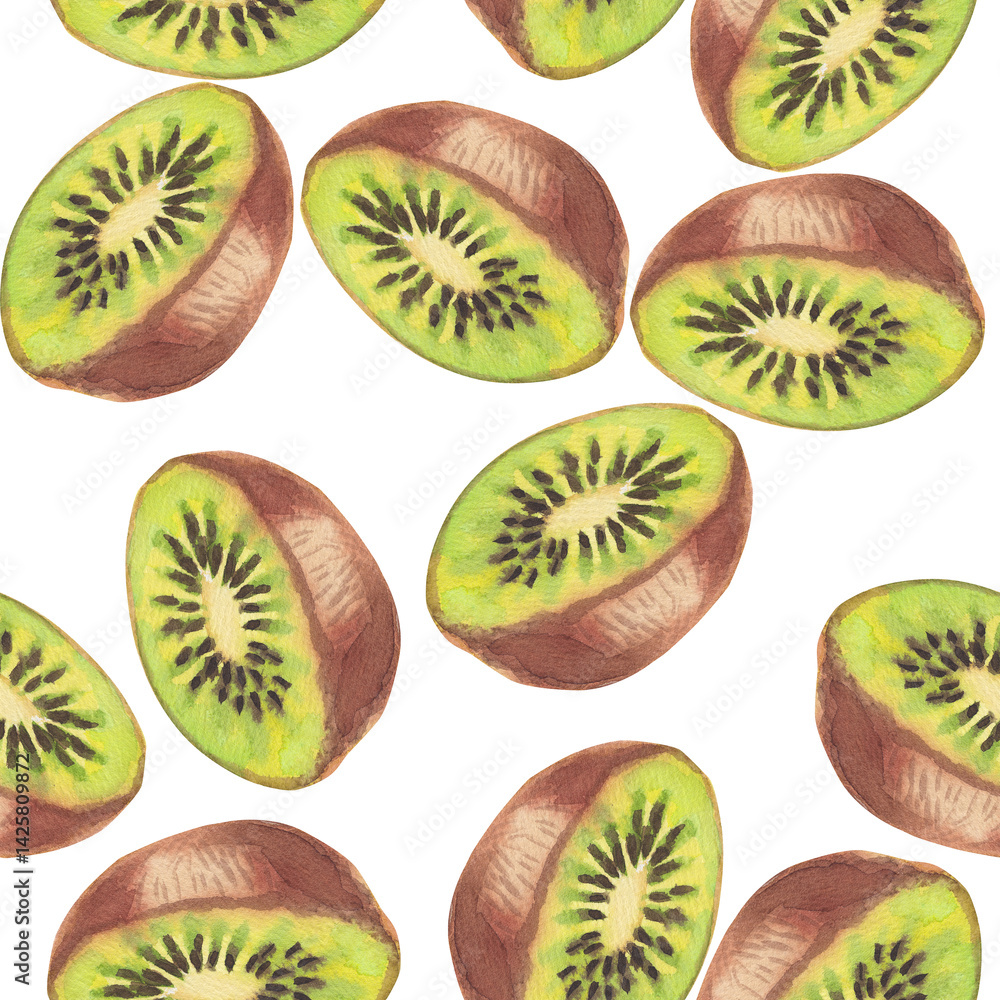 Fototapeta premium Watercolor seamless pattern of kiwi fruit half isolated on a white background. A bright green fruit with seeds. Hand-drawn botanical illustration, sketch for textile, wrapping paper, wallpaper.