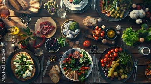 Top view of a healthy Mediterranean food for a party, Generative AI illustrations.
