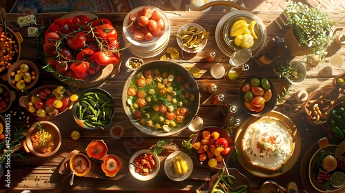 Top view of a healthy Mediterranean food for a party, Generative AI illustrations.