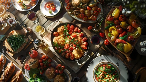 Top view of a healthy Mediterranean food for a party, Generative AI illustrations.