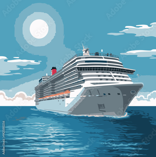 c.epsA dynamic and vibrant vector illustration of a fishing boat racing through ocean waves at sunset. The scene features bold and colorful elements including dramatic pink clouds, soaring seagulls, a