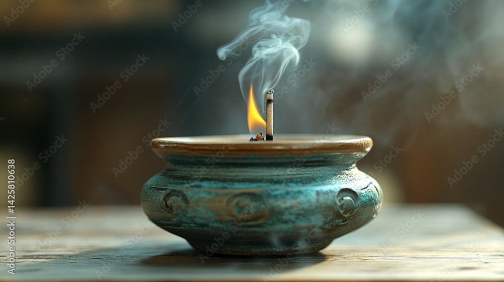 Serene teal ceramic bowl candle with smoke calming atmosphere relaxation meditation spirituality Serene teal ceramic bowl candle with smoke calming atmosphere relaxation meditation spirituality