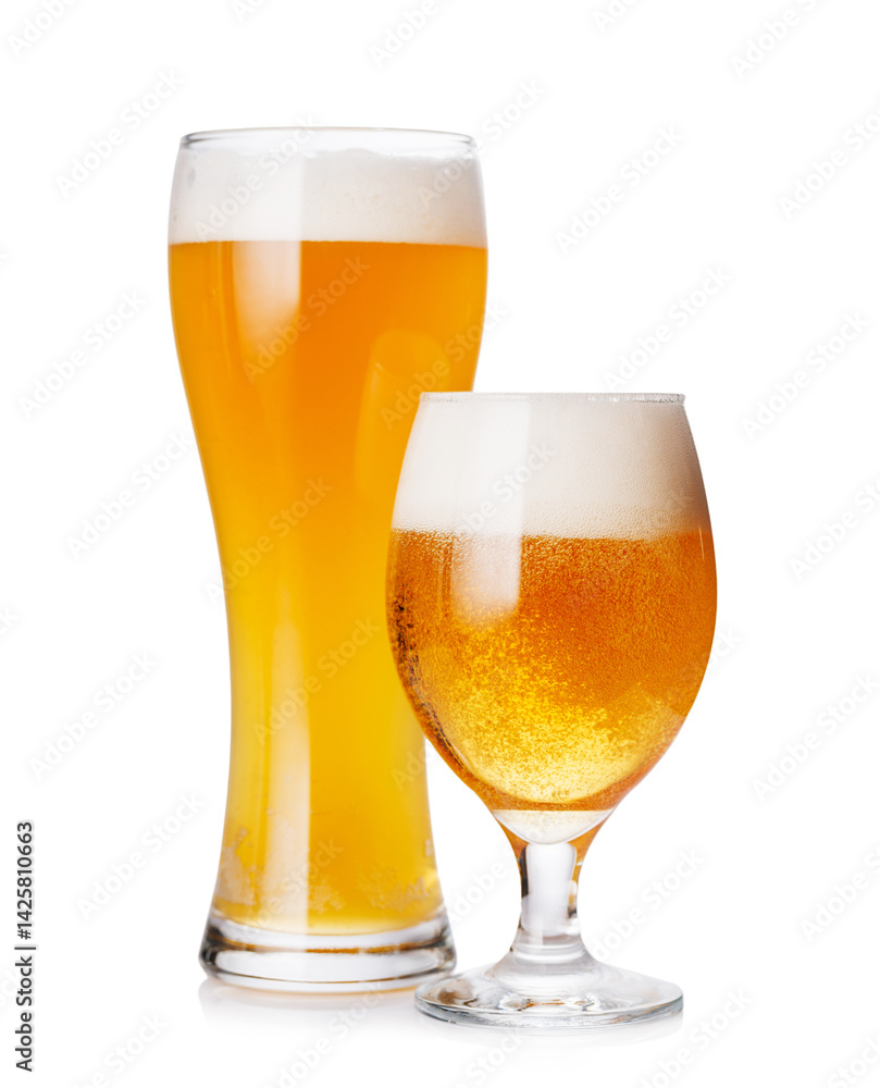 A glass of beer with a golden hue and frothy head, isolated on a clean white background A glass of beer with a golden hue and frothy head, isolated on a clean white background