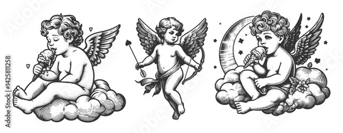  cherubs with wings enjoying ice cream on clouds Set collection bundle sketch engraving generative ai vector illustration. Scratch board imitation. Black and white image.
