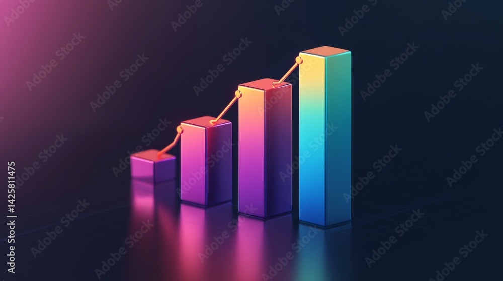 A D bar chart with rising, metallic bars in gradient shades, symbolizing growth and performance in a sleek, futuristic environment A D bar chart with rising, metallic bars in gradient shades, symbolizing growth and performance in a sleek, futuristic environment