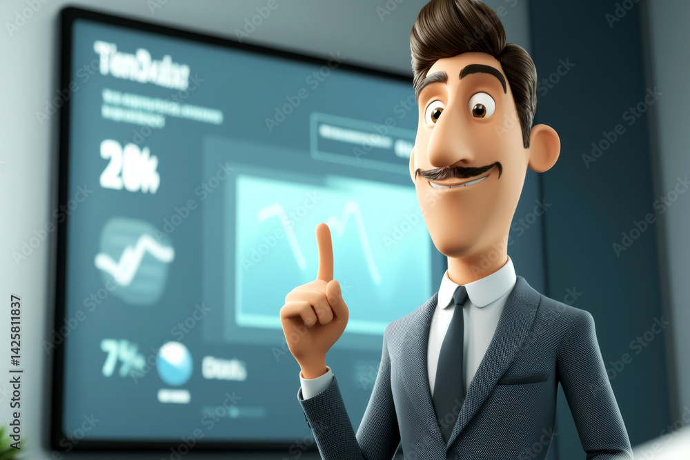 Happy cartoon character man presenting business analytics in a modern office setting Happy cartoon character man presenting business analytics in a modern office setting