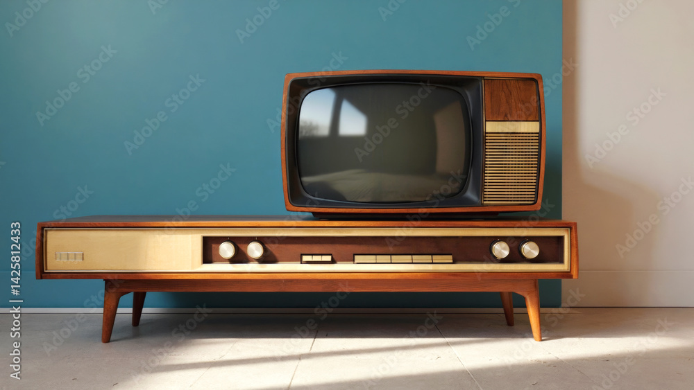 Vintage retro tv on mid century modern stand against blue wall