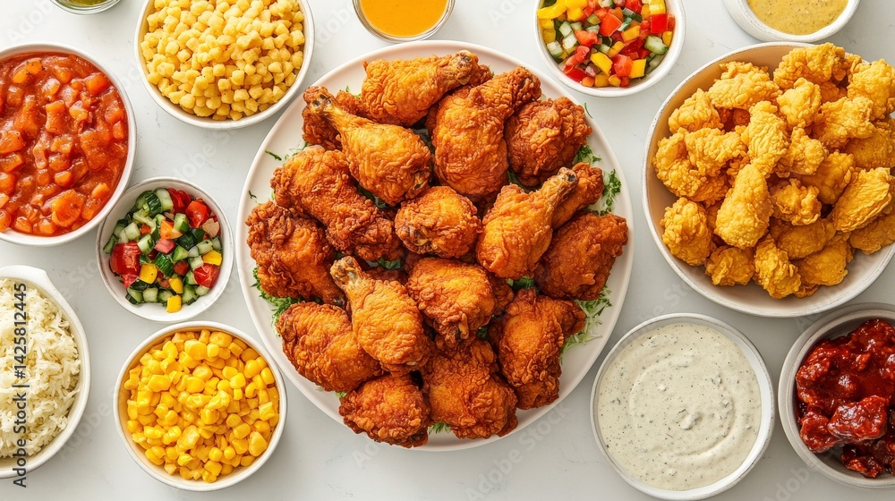 Crispy Fried Chicken with Colorful Side Dishes Displayed Crispy Fried Chicken with Colorful Side Dishes Displayed