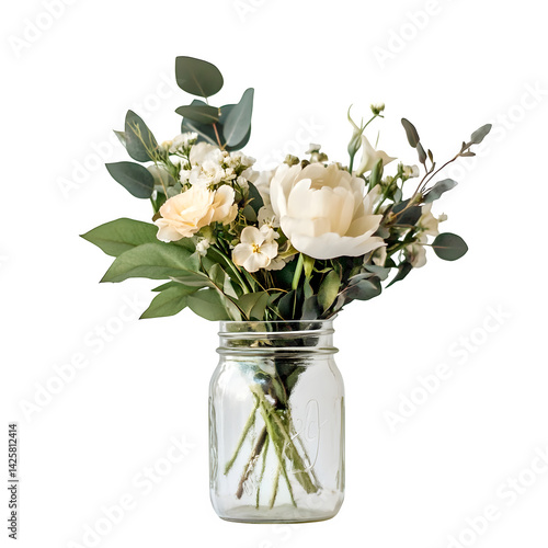 White peony bouquet in clear glass mason jar, botanical floral arrangement PNG, rustic wedding decor cutout