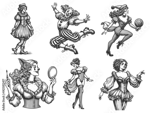Jumping Circus Clowns Set collection bundle sketch engraving generative ai vector illustration. Scratch board imitation. Black and white image.