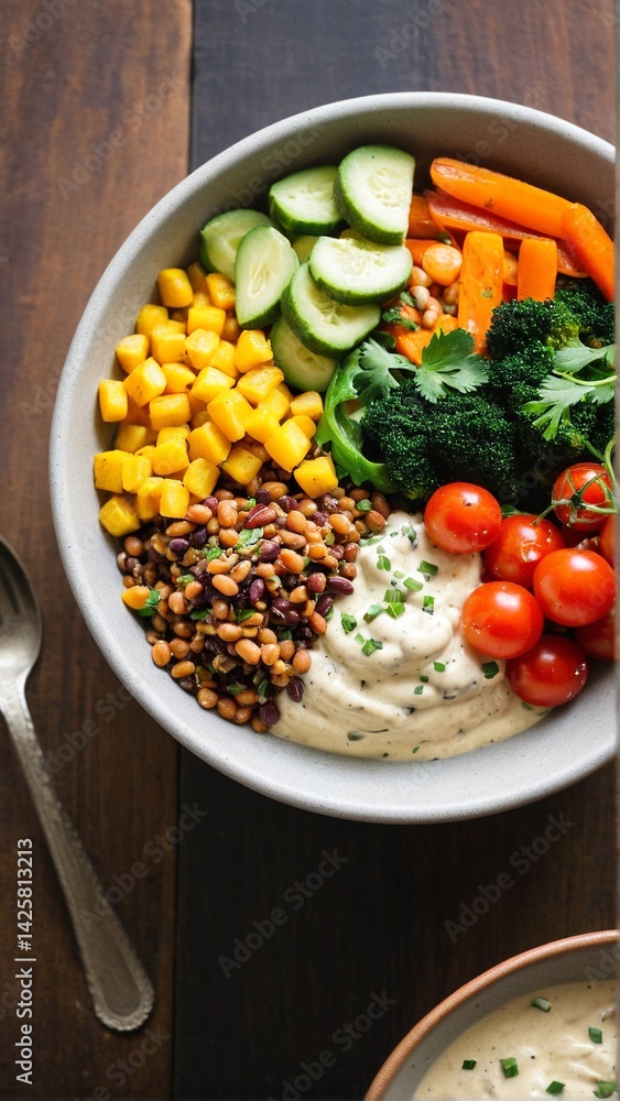 Vibrant and Nutritious Plant-Based Bowl: A Colorful Medley of Fresh Vegetables, Beans, and Creamy Sauce for a Delightful Meal. Vibrant and Nutritious Plant-Based Bowl: A Colorful Medley of Fresh Vegetables, Beans, and Creamy Sauce for a Delightful Meal.