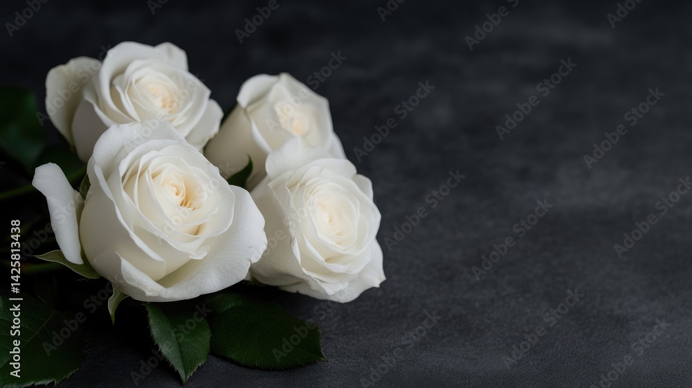 Fototapeta premium Four pristine white roses on a dark background