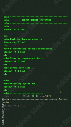 Shaky PC screen warns of reboot initiation and system shutdown VERTICAL