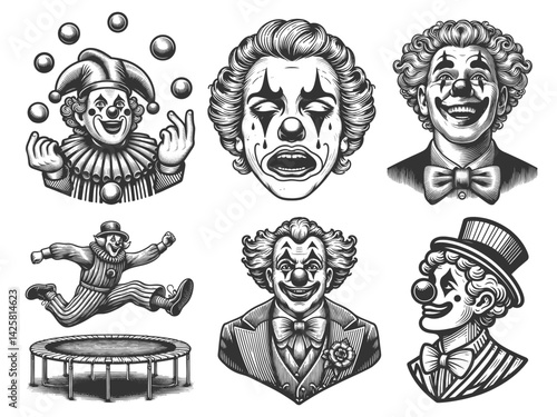 clown set collection circus action scenes bundle sketch engraving generative ai vector illustration. Scratch board imitation. Black and white image.