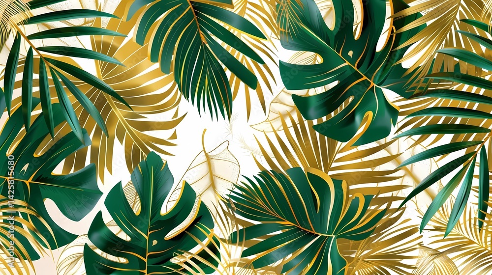 Naklejka premium A background pattern gold with palm leaves, colours gold, white and green, Generative AI illustrations