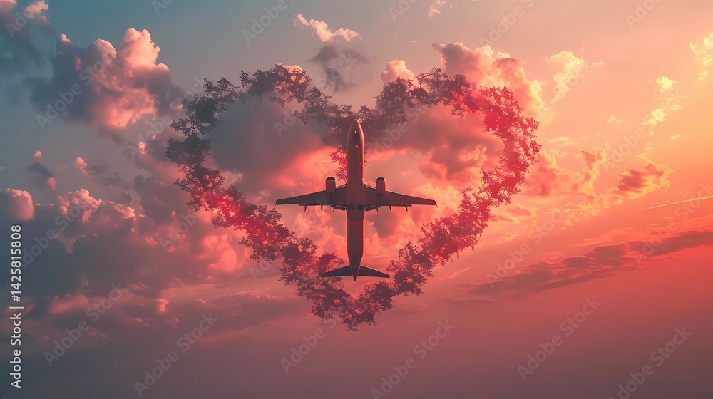 A photo of the airplane made in a red heart, Generative AI illustrations A photo of the airplane made in a red heart, Generative AI illustrations