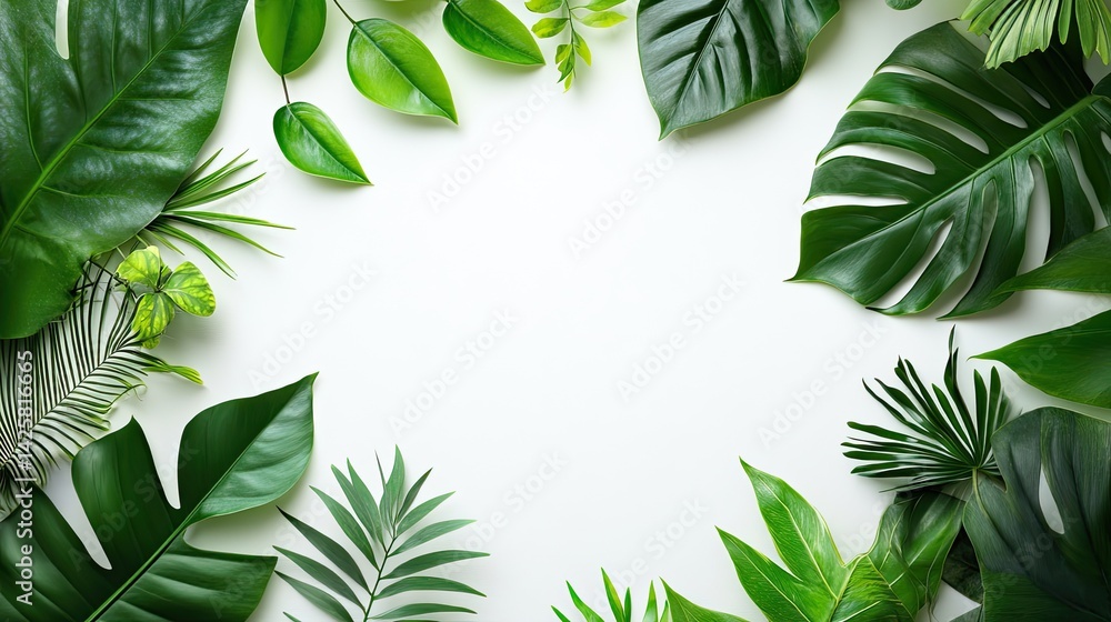 Lush green leaves arrangement on pure white background nature art minimalist design close-up view Lush green leaves arrangement on pure white background nature art minimalist design close-up view