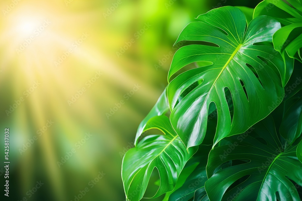 Green background with lush monstera leaves with copy space. Concept of tropical nature, modern interior design, eco-friendly decor, and vibrant plant life.