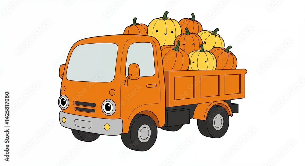 Naklejka premium Cartoon orange truck loaded with pumpkins harvest season fall marketing concept