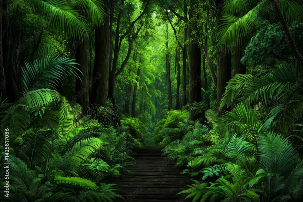 Fototapeta premium a 2D cartoon illustration of a rainforest with dense foliage, green and humid, white background