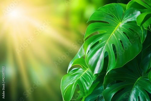 Obraz na płótnie Green background with lush monstera leaves with copy space. Concept of tropical nature, modern interior design, eco-friendly decor, and vibrant plant life. w salonie