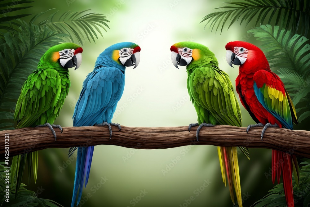 Obraz premium a 2D cartoon illustration of a rainforest with parrots on branches, colorful and wild, white background