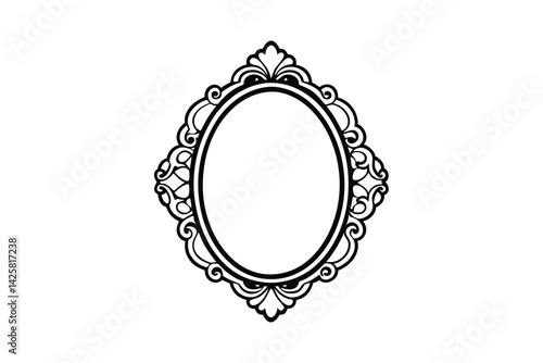 Black and white line art drawing of a Victorian mirror with frame.eps