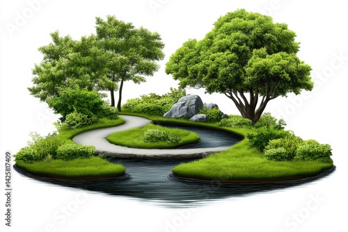 Obraz na płótnie a 2D cartoon illustration of a river delta with winding waterways, natural and beautiful, white background w salonie
