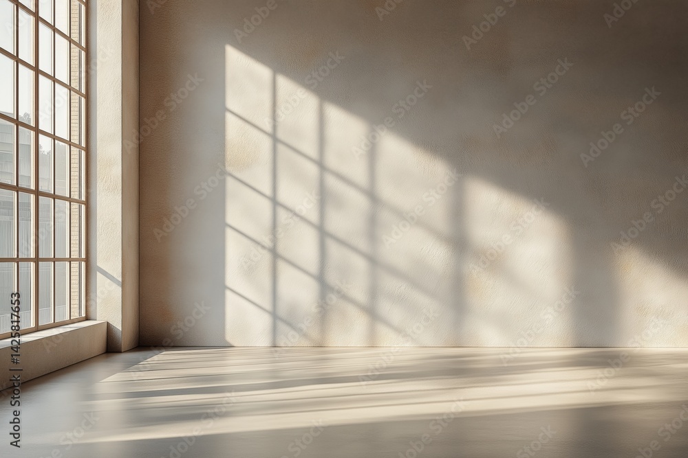 Minimalistic grey wall with natural light streaming through the window, soft shadows and a serene atmosphere. Concept of modern interior design, simplicity, and natural elegance.